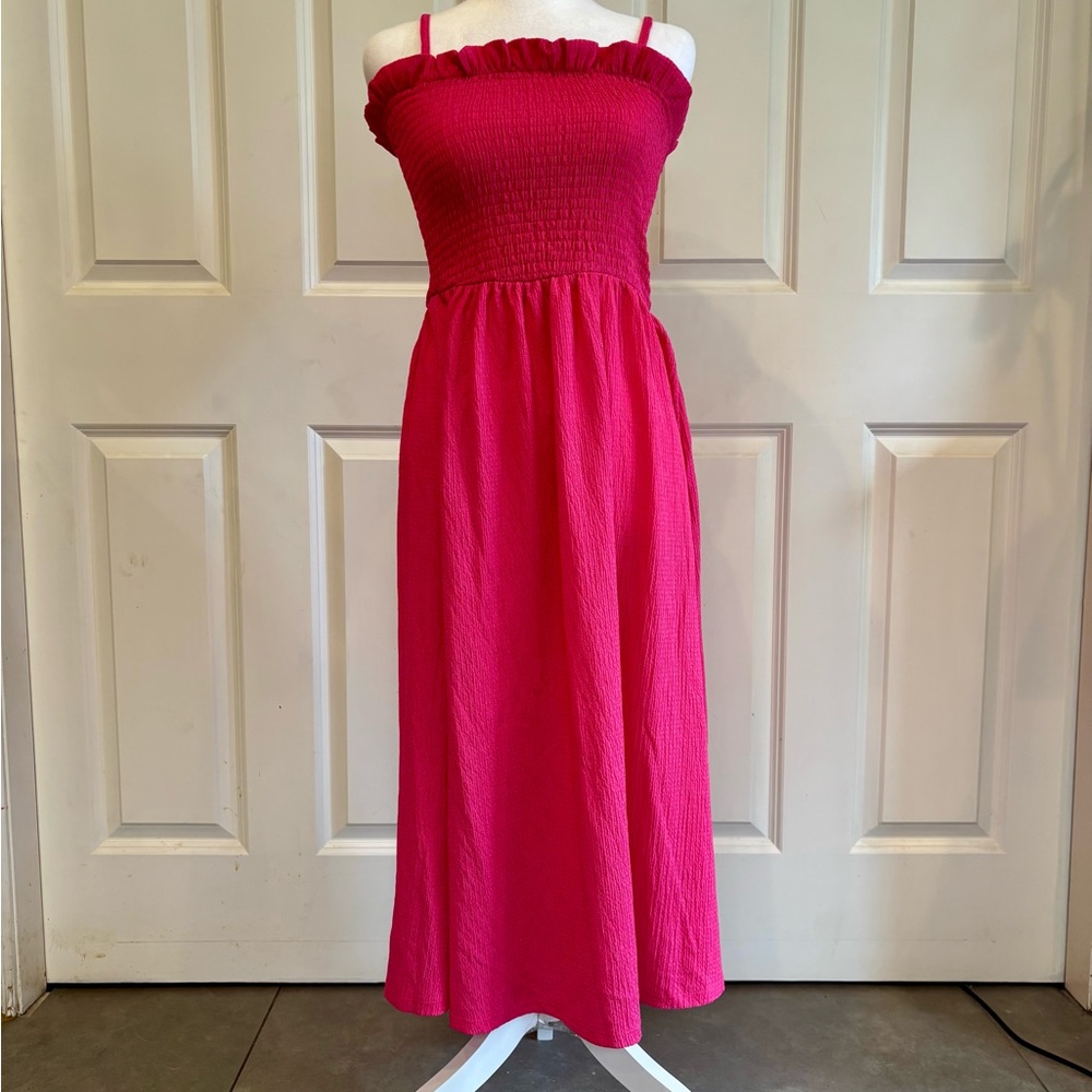 Fuschia Smocked Strap Midi Dress